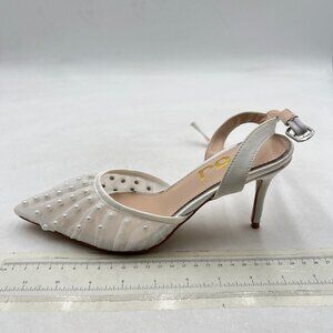 FSJ White Pearl Mesh Pointed Toe Sandals Slingback High Heel Pumps Slip On Shoes